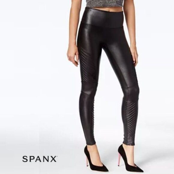 SPANX Black Faux Leather Moto Leggings Medium Size - Picture 1 of 8